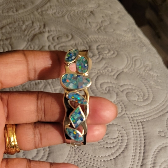 Whitney Kelly Sterling Silver Mosaic Inlay Blue Fire Opal Stone Cuff Bracelet - Picture 5 of 6